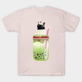 Black Cat Matcha Boba Tea (No Pattern) T-Shirt